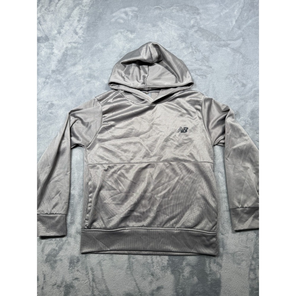 New Balance Athletic Mesh Hoodie Boys 10 Smoky Gray Logo Pullover RN63619